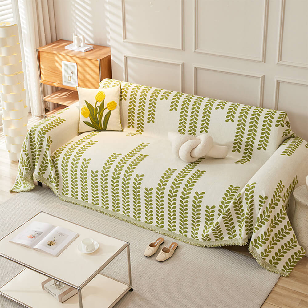 Sofa Cover with Leaf Patterns and Fringes – Elegance and Comfort 